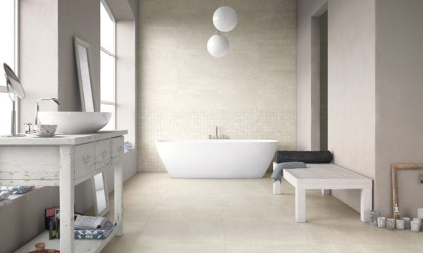 Carrelage travertin salle de bain Century UPTOWN - coloris SUGARHILL sol 30x60cm, mur 30x60cm, mosaïque