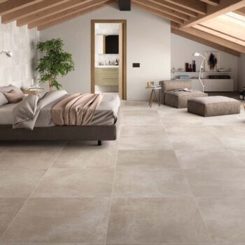 Carrelage effet béton Keratile RODANO - réf. mur LIGHT GREY rectifié 75x75cm, sol TAUPE rectifié 75x75cm