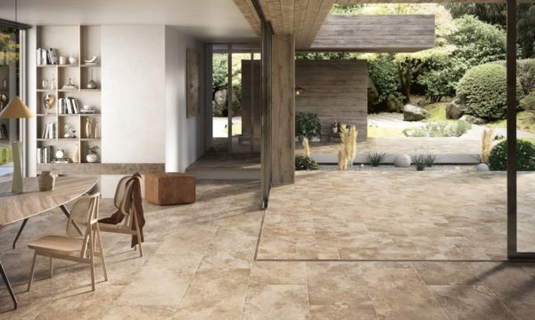 Carrelage travertin Century AURUM - sol couleur NUX 60x120 naturel + NUX 25x50 grip + NUX 25x25 grip antidérapant extérieur