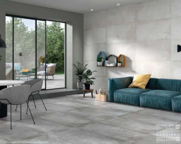 Carrelage imitation ciment Keratile STONEAGE - mur WHITE 60x120cm, sol ASH 60x120cm