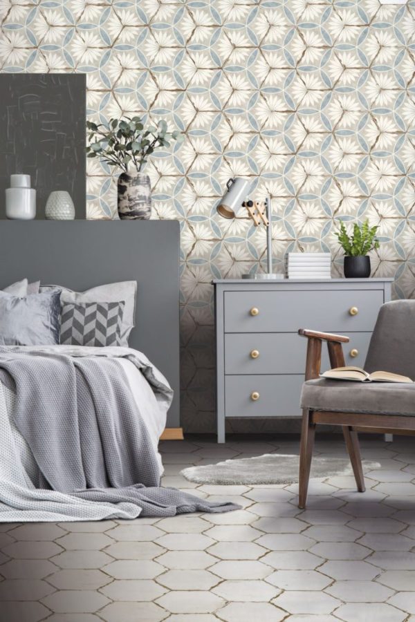 Carreau de ciment hexagonal - carrelage sol blanc Nanda BOHEMIA LINO WHITE et mur motif MARGARITA