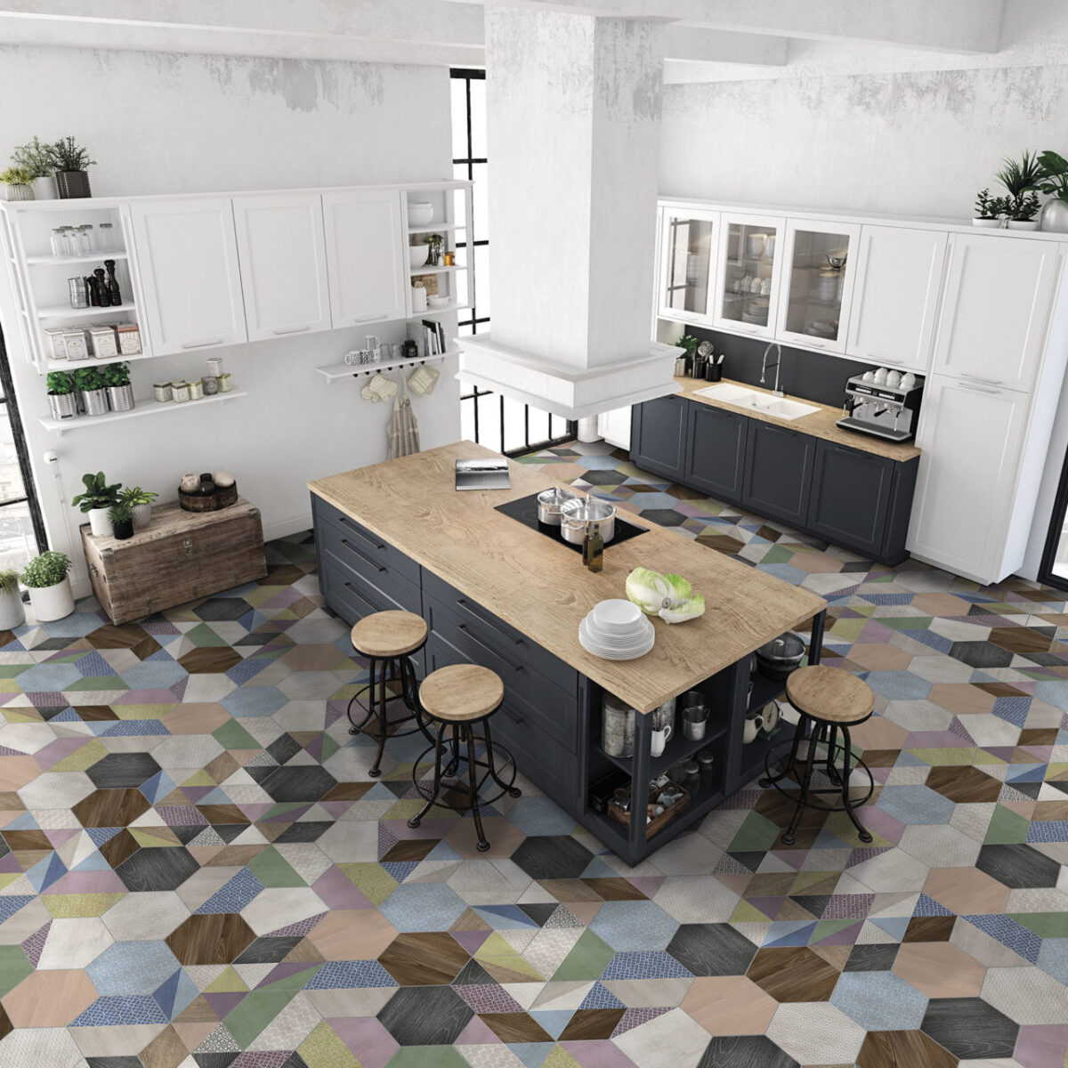 Carrelage hexagonal effet bois peint et motifs ITT ART DECO sur sol cuisine