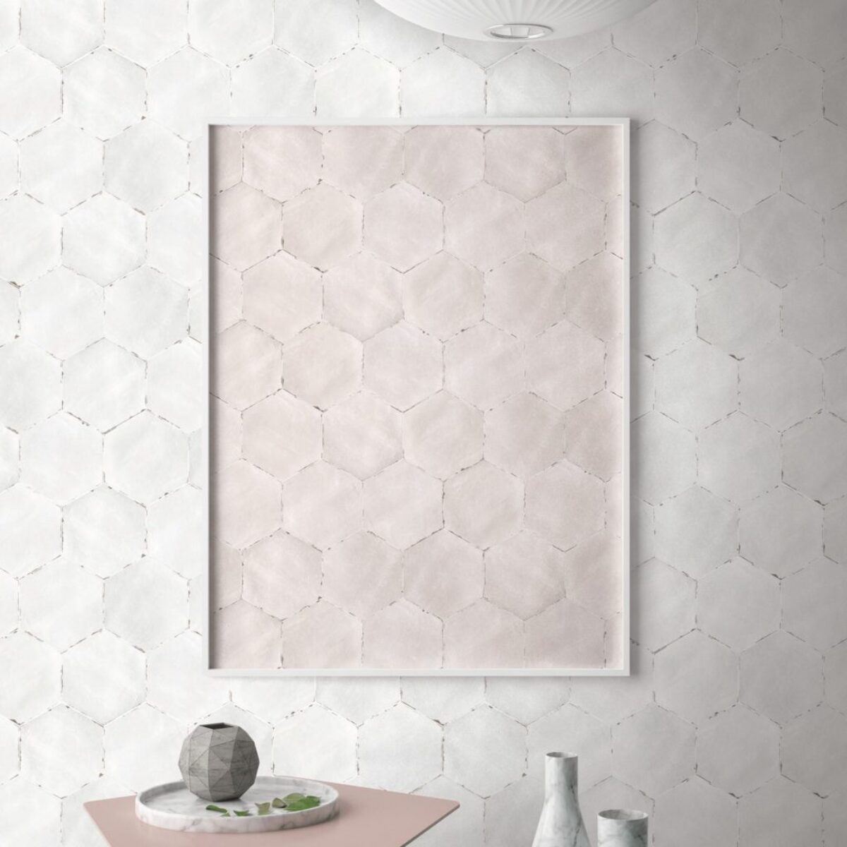 Carreau de ciment hexagonal blanc et rose Nanda Capri - SOLARO WHITE - OXALIS ROSE