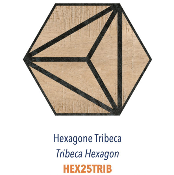 Carrelage hexagonal TRIBECA effet bois et motif noir