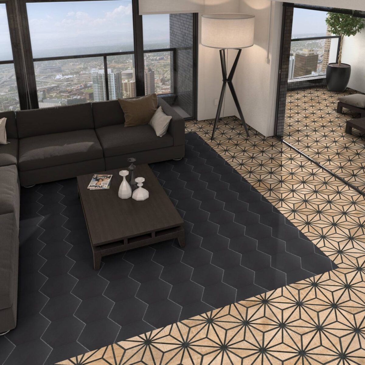 Carrelage hexagonal TRIBECA effet bois et noir avec carrelage hexagonal noir sur sol