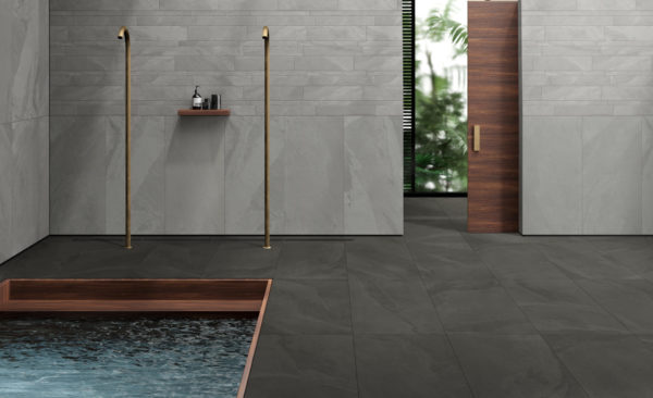 Carrelage ardoise Unicom Starker BRAZILIAN SLATE - sol RAIL BLACK, mur SILK GREY