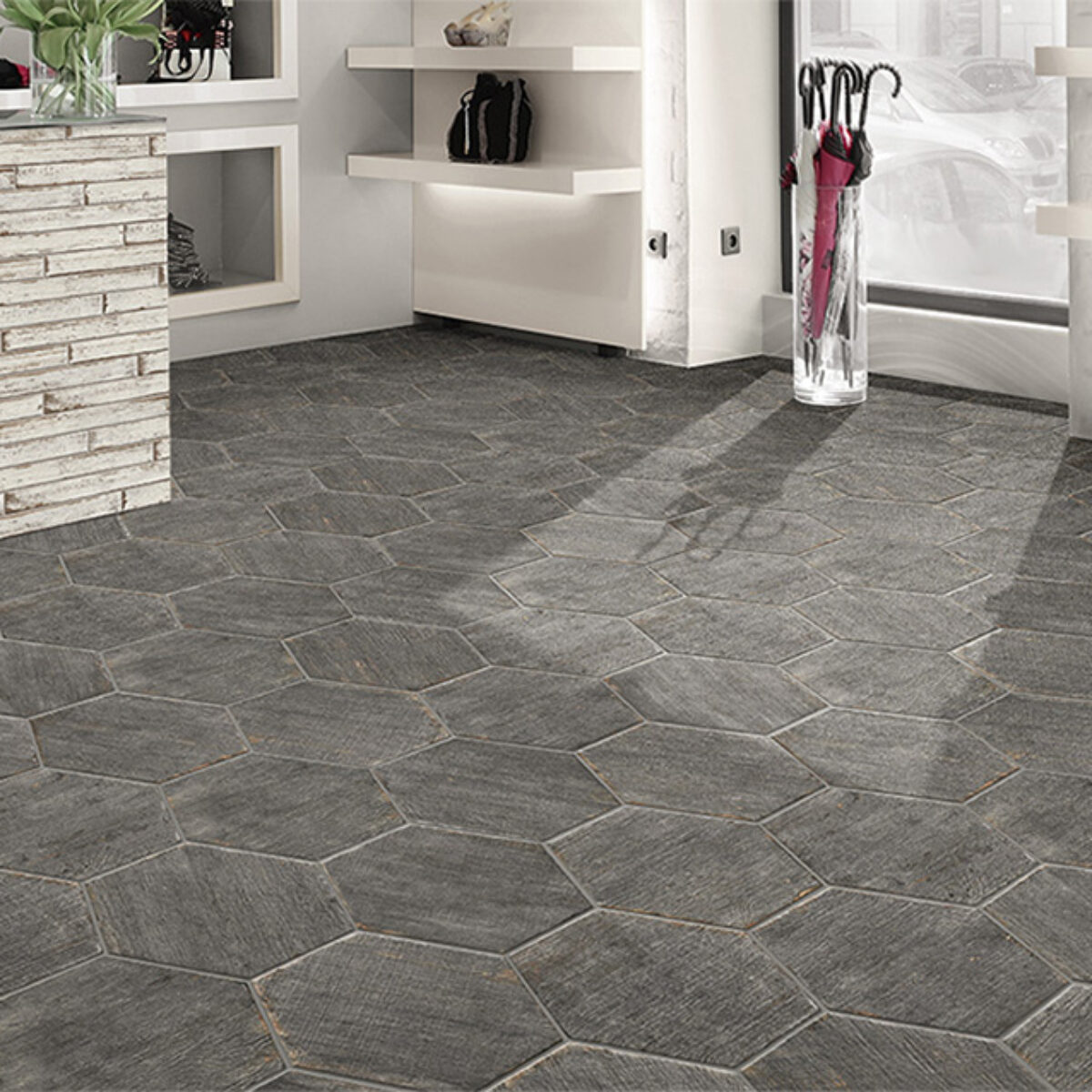 Carrelage hexagonal effet bois gris Natucer RETRO - sol couleur CENDRA