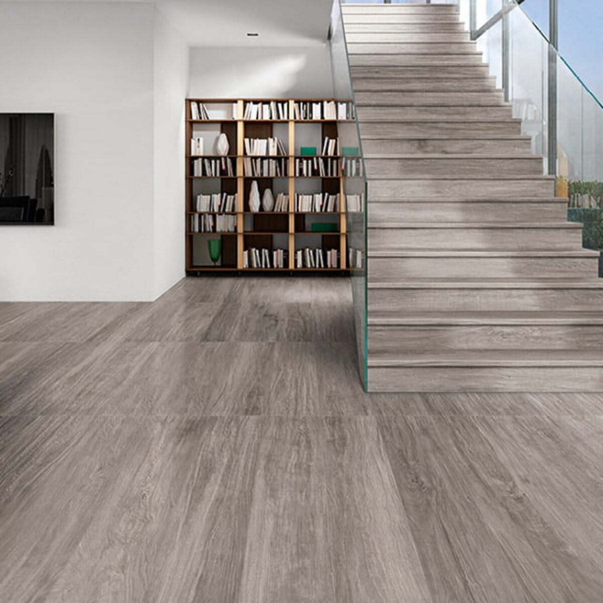 Salon avec carrelage imitation parquet Natucer PARK - couleur bois STANLEY