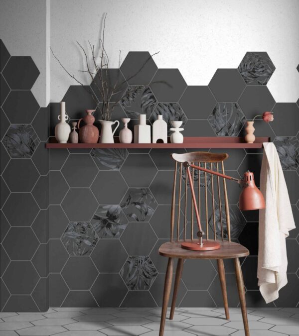 carrelage hexagonal Diffusion Céramique AMAZONE - mur CHARBON sol givre