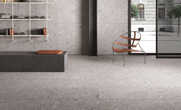 Carrelage terrazzo gris Unicom Starker PIETRA DI GRE - couleur GRIGIO 60x120cm et 120x120cm