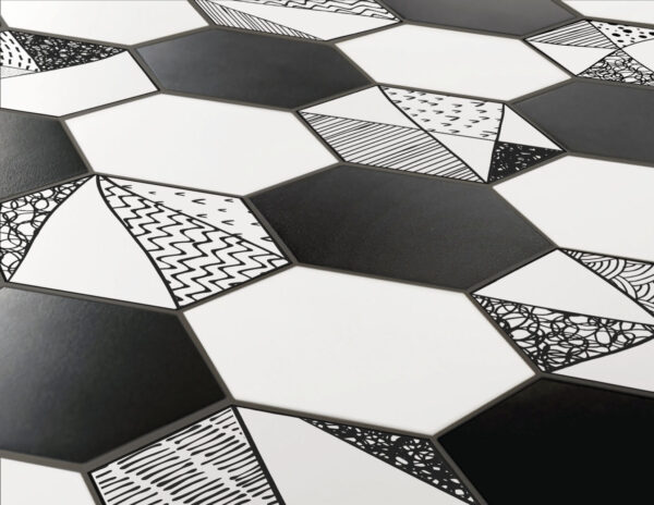 Carrelage noir et blanc hexagonal Itt COMIC pour sol et mur