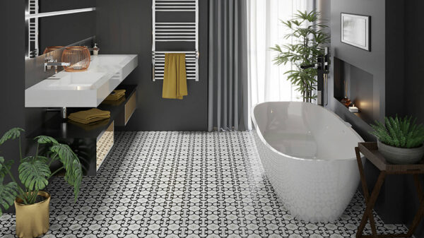 Carrelage imitation carreaux de ciment fleurs de lys DALIA BLACK - salle de bain