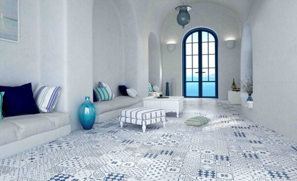 Carrelage patchwork blanc bleu Diffusion Céramique CYCLADES