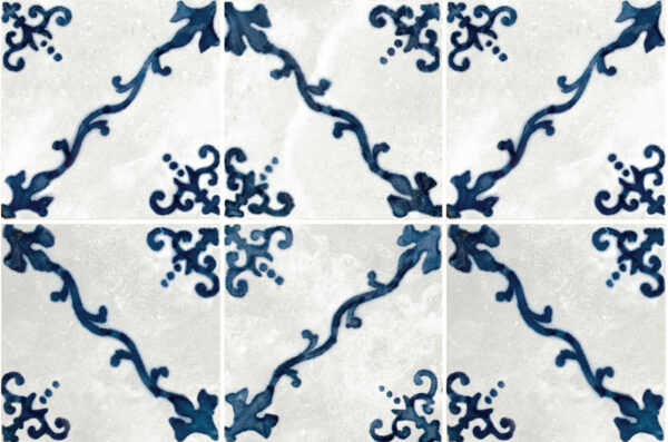 Carrelage azulejos blanc motifs bleu Nanda Terra EVELINA pour intérieur et extérieur